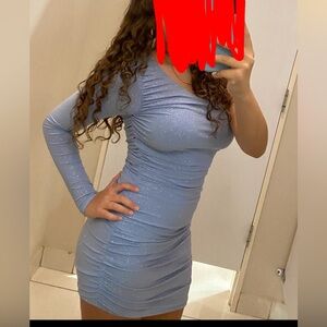 Blue Windsor one shoulder ruched mini homecoming dress with glitter size small